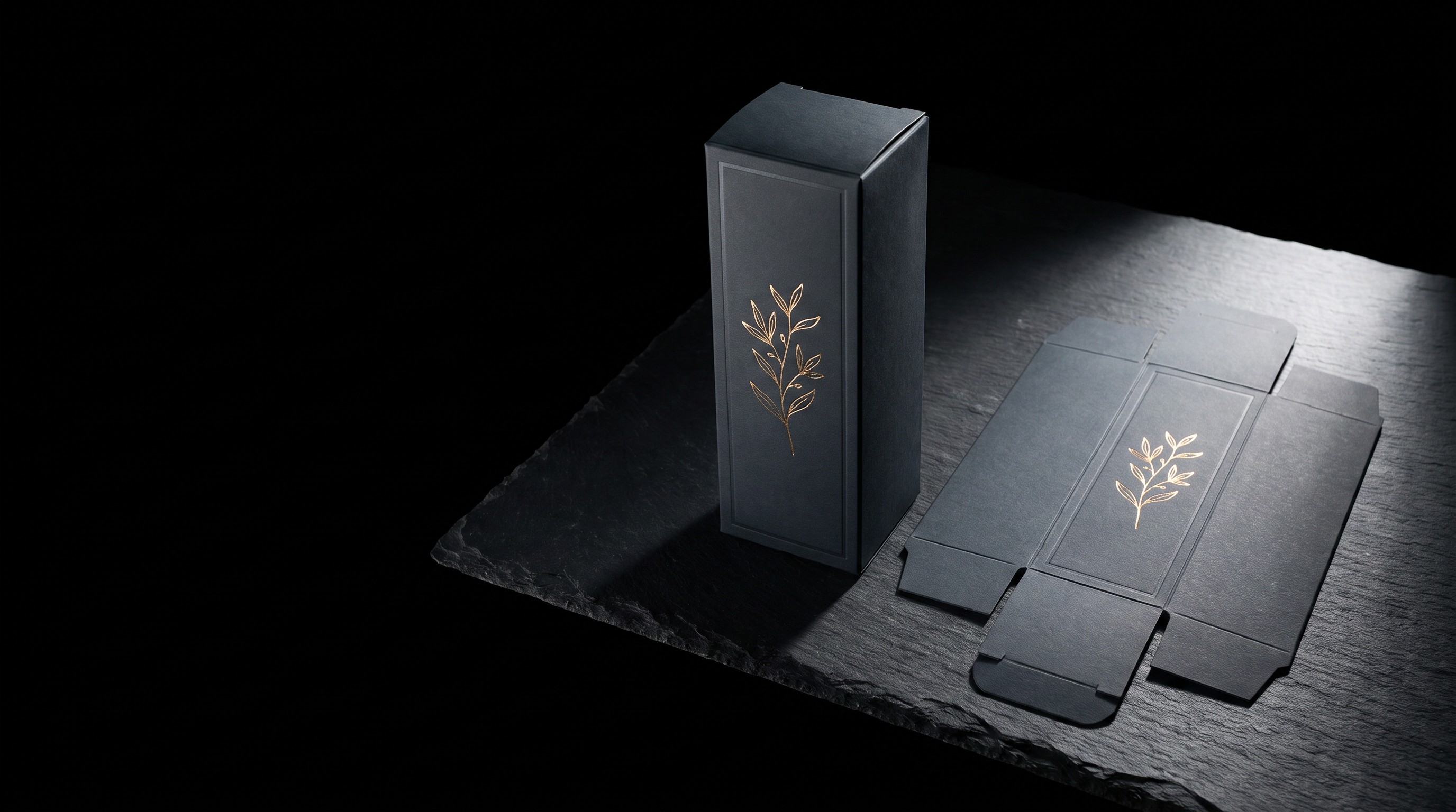 Beauty carton in charcoal uncoated board with gold foil botanical and blind deboss frame, shown built alongside its flat die-cut blank — printed by Illuminate Print