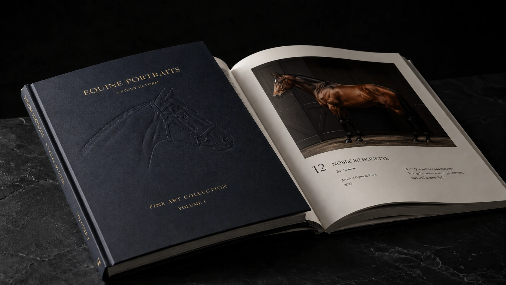 Luxury fine art catalog with blind emboss cover and gold foil, open to an editorial spread — printed by Illuminate Print