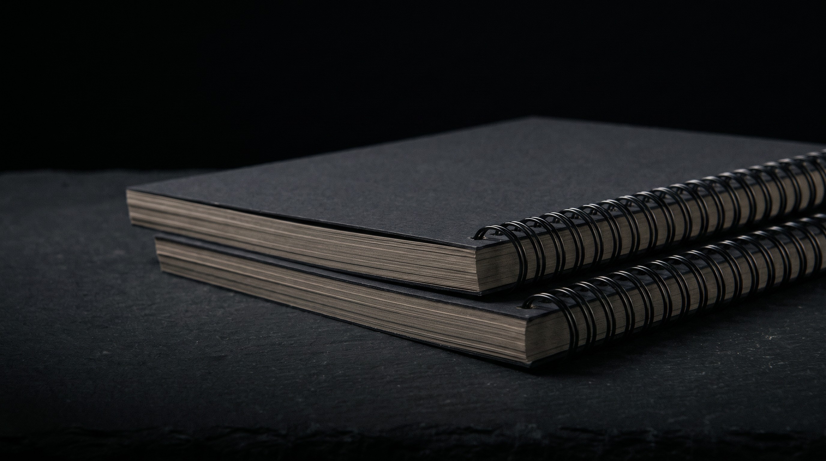 Two wire-o bound booklets stacked on slate, charcoal uncoated covers and thick page edges, twin-loop binding raked by light — printed by Illuminate Print